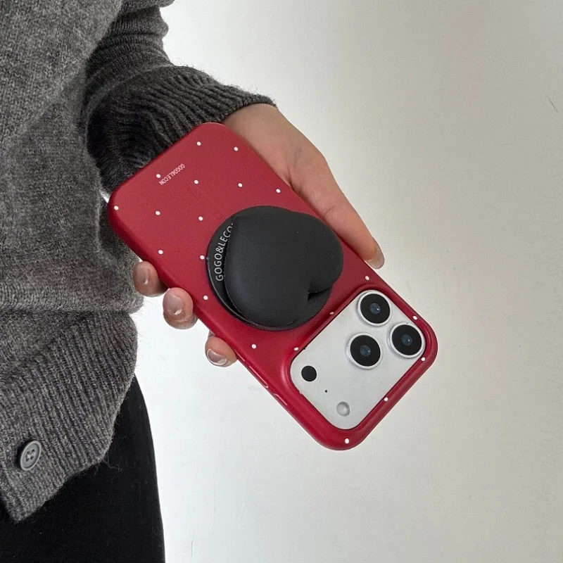 

Korean Red Polka Dot Magnetic Phone Case For Apple iPhone 17 Pro Max 16 Pro 15 Pro Max Cover with Love Heart Stand For Magsafe C