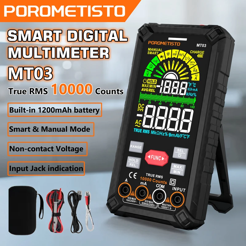 POROMETISTO MT03 Smart Digital Multimeter 10000 Counts Auto Range 1000V 10A AC DC Current Voltage NCV Capacitance Tester