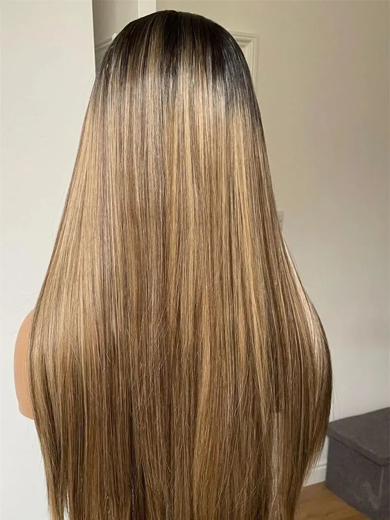 

28 Inches Ombre Honey Brown Blonde Synthetic HD Lace Front Wig Preplucked Hairline Average Cap Size For Black White Women Daily