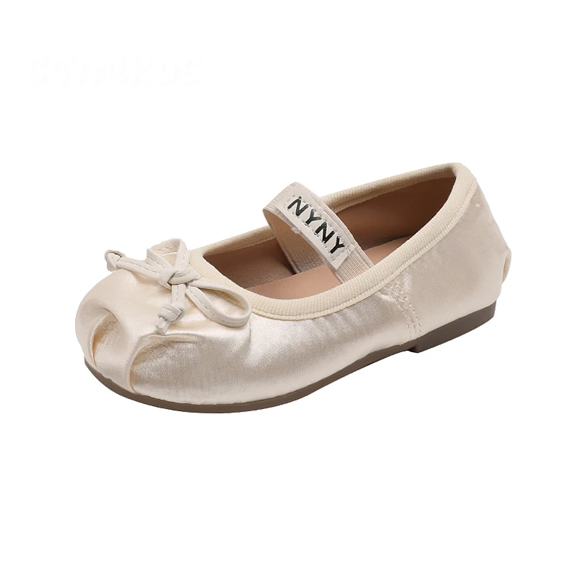 Zapatos de Ballet de seda satinada de lujo para niñas pequeñas, zapatos planos de bailarina con banda elástica y pajarita de punta redonda,