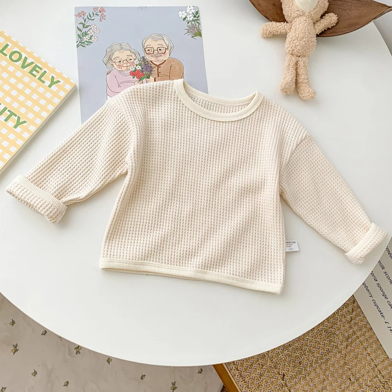 Korean Style Spring Autumn Toddler Baby Boys Girl T-shirt Waffle Cotton Solid Color Long Sleeve T-shirt Infant Baby Pullover Top