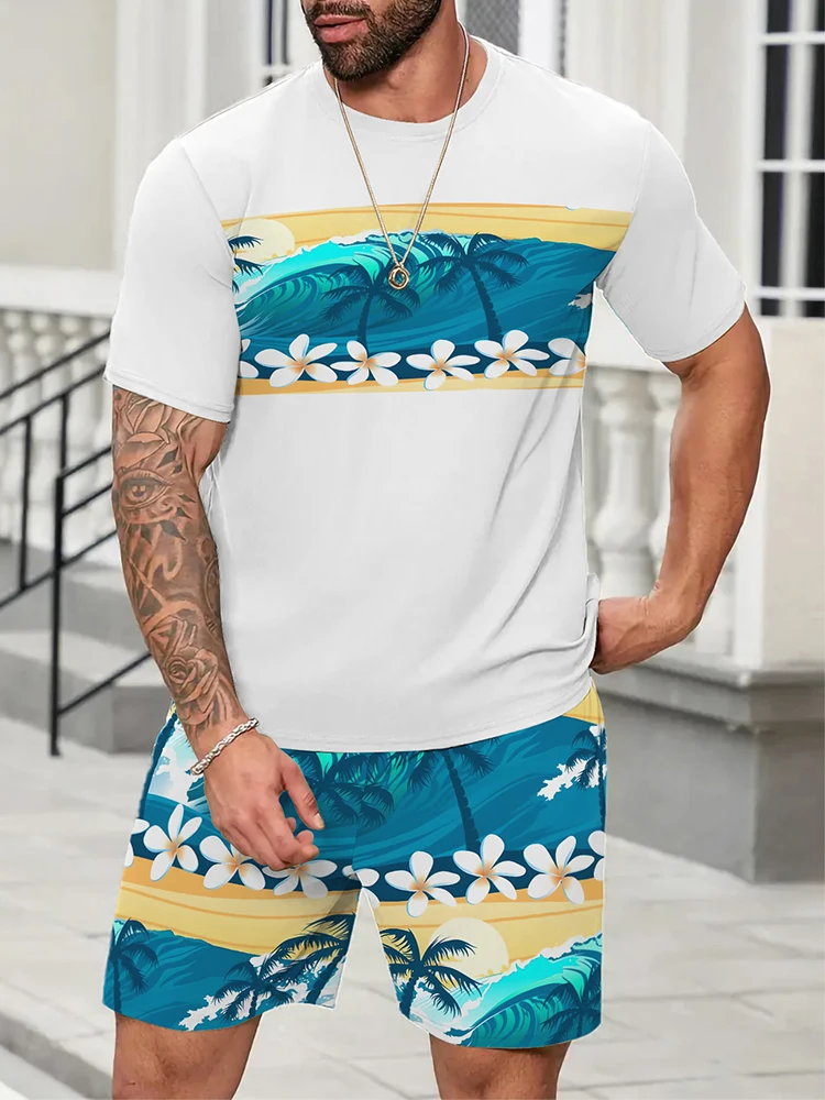 

Summer Daily Leisure O Neck T-shirts And Shorts Outfits Men Beach Fashion Printed Suits Casual Short Sleeve Two Pieces Sets Mens