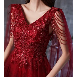 Wine Red Prom Dresses 2022 Elegant V-Neck Luxury Appliques Floor-Length Lace Long Women Formal Evening Gowns With Beading