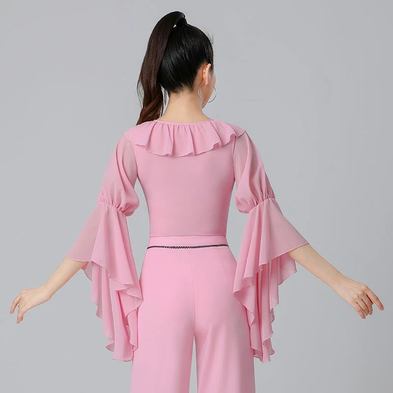 ใหม่Latin Dance Topsผู้หญิงแขนยาวRuffle Edge Jumpsuitฝึกเสื้อผ้าChacha Rumba Tango Latin Dance DN20591