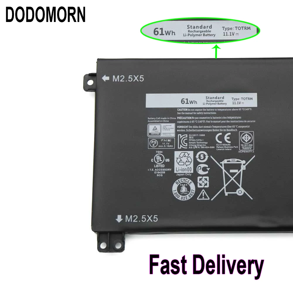 Dodomorn nova bateria totrm para dell xps 15 9530 precisão m3800 totrm h76mv 7d1wj 61wh grátis 2 anos de garantia