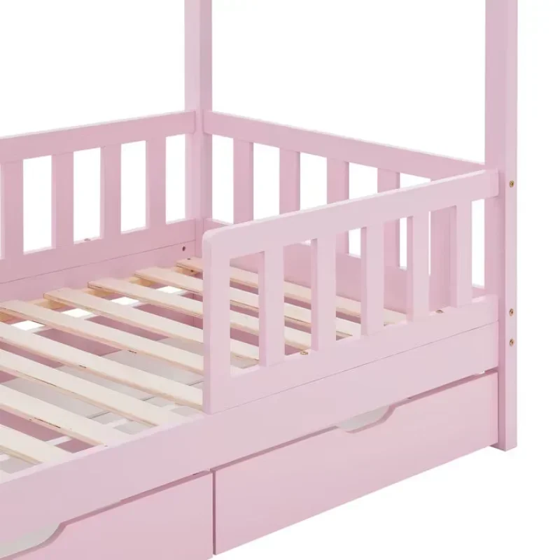 Lit Montessori en Bois à Deux Cadres avec Rails pour Enfant Fille, Nouvelle Collection