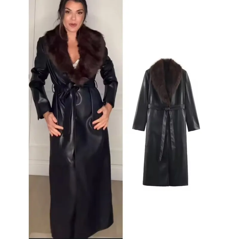 

Autumn Winter Women Faux Leather Coat with Belt and Detachable Collar Fashion Long Sleeve Lady Outerwear Female Chic Overcoat