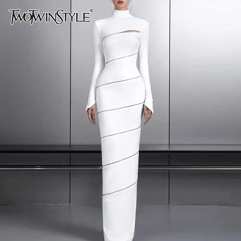 

TWOTWINSTYLE Solid Slimming Spliced Zipper Dress for Women Stand Collar Long Sleeve High Waist Dresses Female Temperament Style