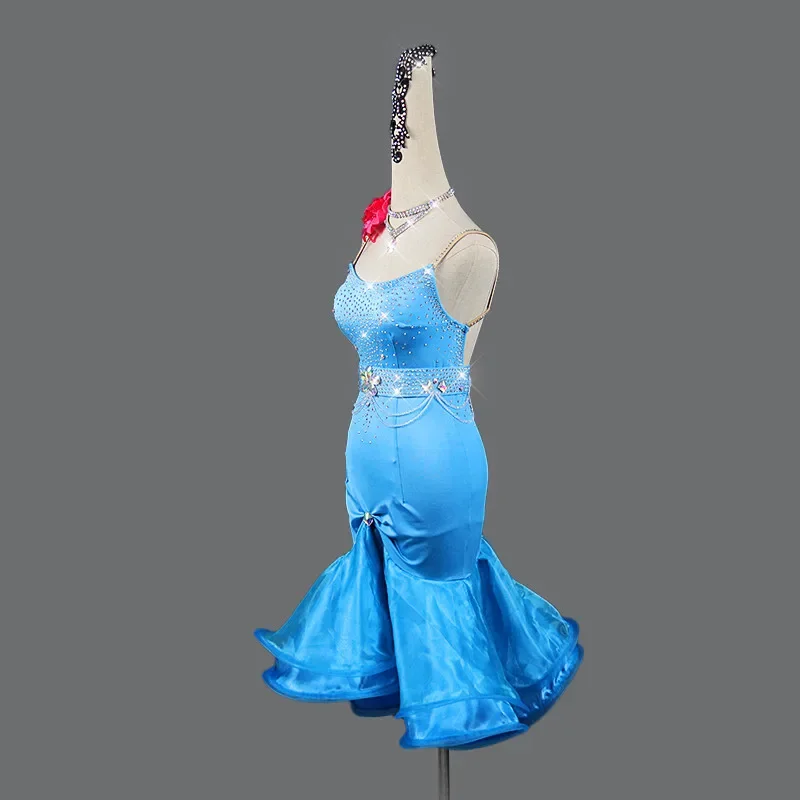 Vestido de baile latino con diamantes de imitación brillantes para mujer, vestidos con flecos Sexy, Ropa de baile de rendimiento de competición de Samba y Salsa, nuevo