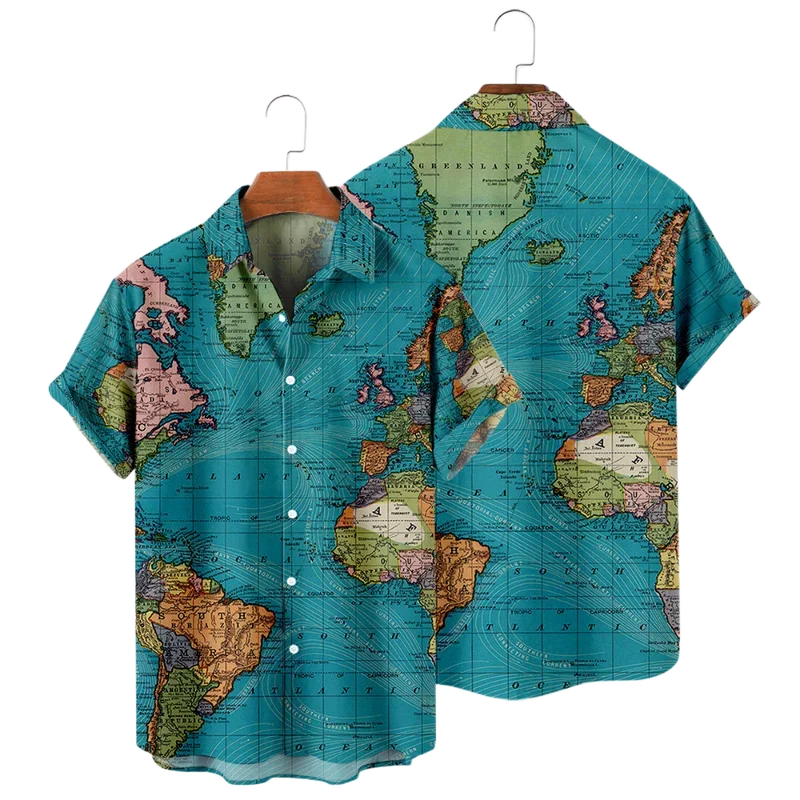 Summer Men's Shirts World Map Digital Print Oversized Buttons Short Sleeves Loose Casual Slim Fit Shirts Fashion Clothes