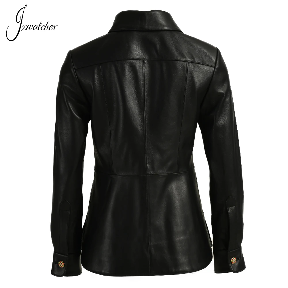 Jxwatcher Women's Real Leather Jacket Spring New Ladies Genuine Leather Shirt Rhinestone Button Solid Color Sheepskin Coat Fall