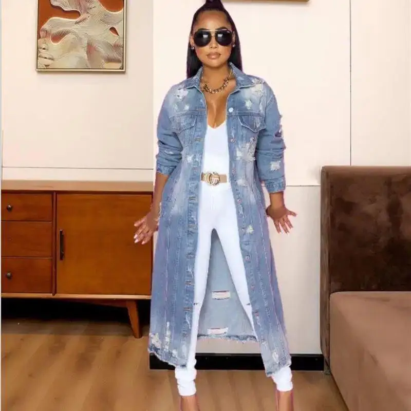 

Handmade Long Denim oulder Coat with Hole Design Women's Faion Outerwear Independent Station Owner Sle Winter Jaet