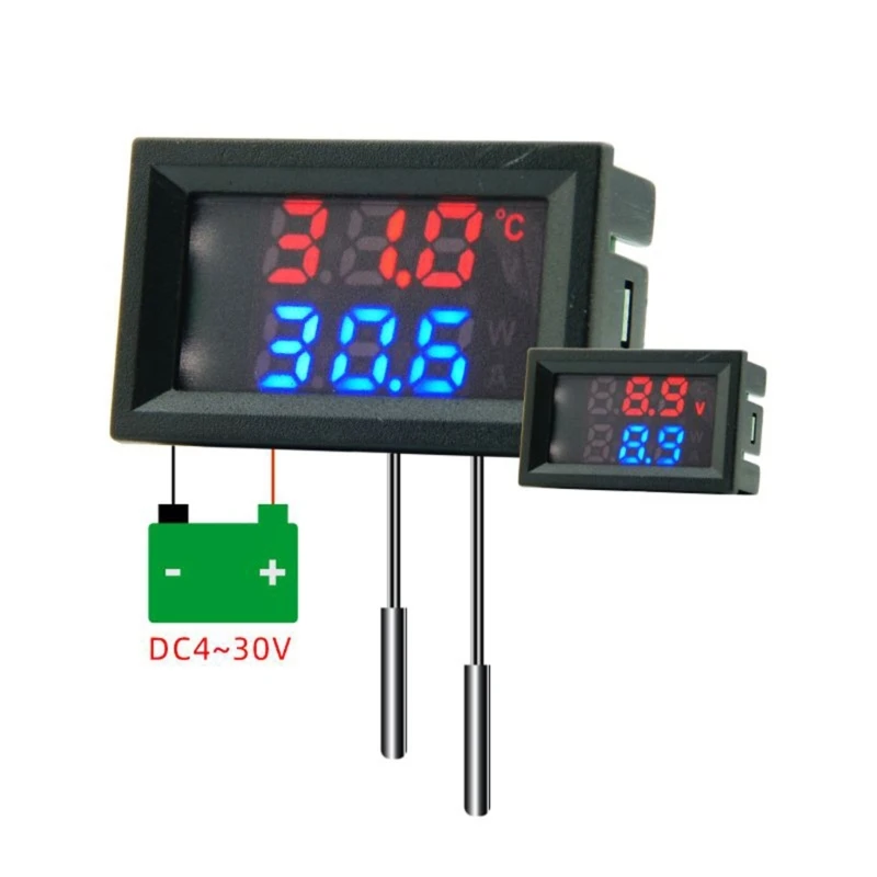 Medidor temperatura Termómetro con pantalla digital dual 4-28V Sonda del temperatura Detector Medidor voltaje