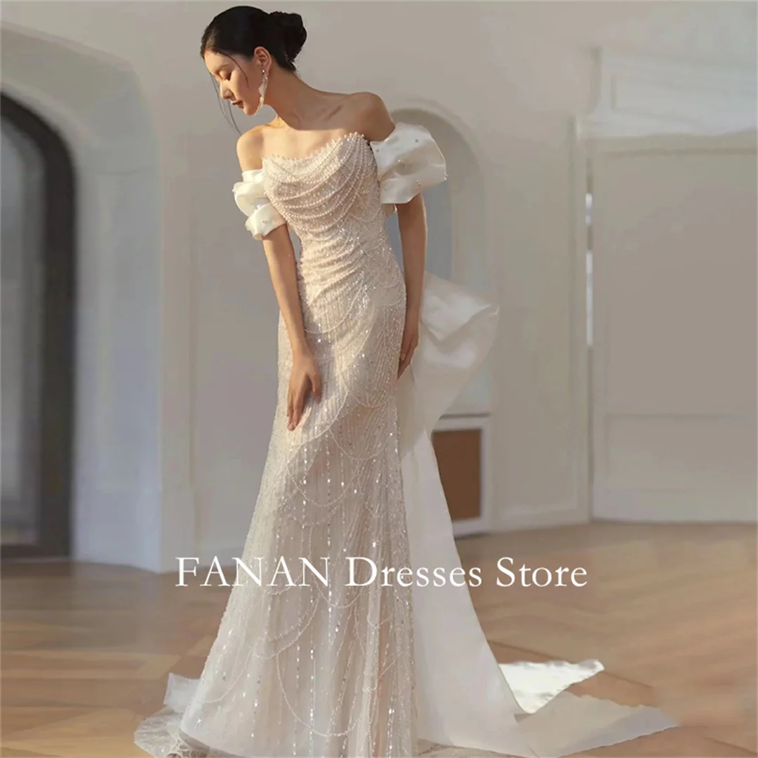 FANAN Korea Suknie ślubne bez ramiączek 웨딩드레스 Pearls Mermaid Vinatge Lace-Up Ruched Short Sleeve Custom Made Bride Gowns Plus Size