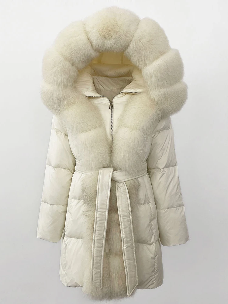 2025 inverno grosso quente streetwear casual outerwear jaqueta feminina natural real gola de pele de raposa com capuz pato branco para baixo casaco