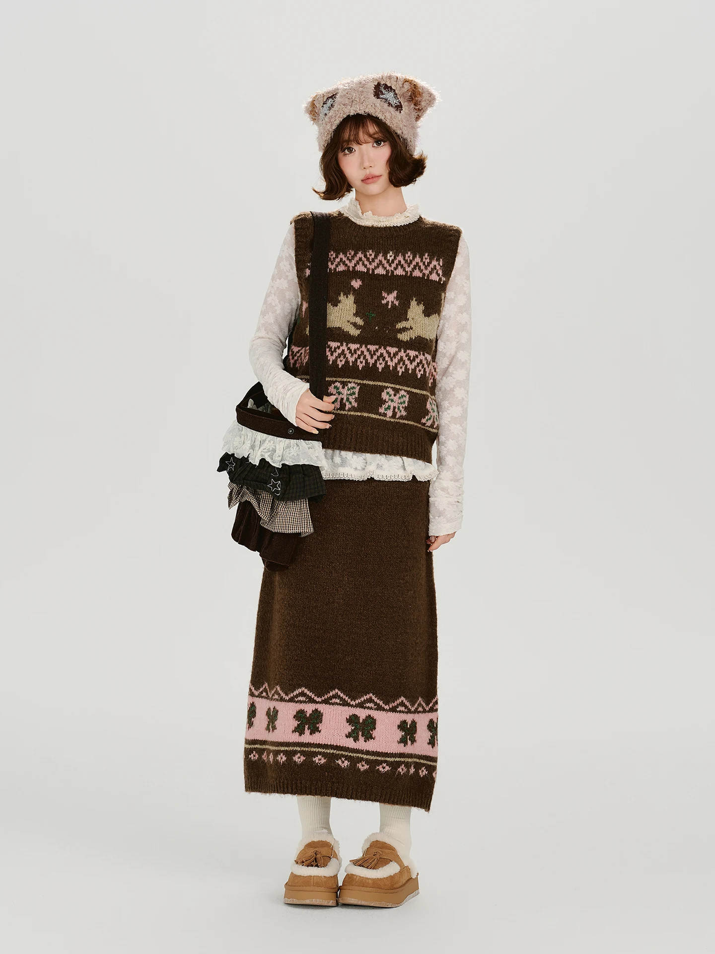 

Женский комплект: вязаный жилет и юбка в американском ретро-стиле Fair Isle, осенне-зимний, новый, теплый, с эффектом подогрева, стандартный крой, модный