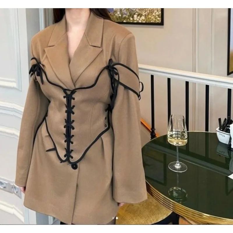 

Women's clothing 2025 spring new temperament commuter suit collar long sleeve woolen jacket bandage waist seal two-piece set