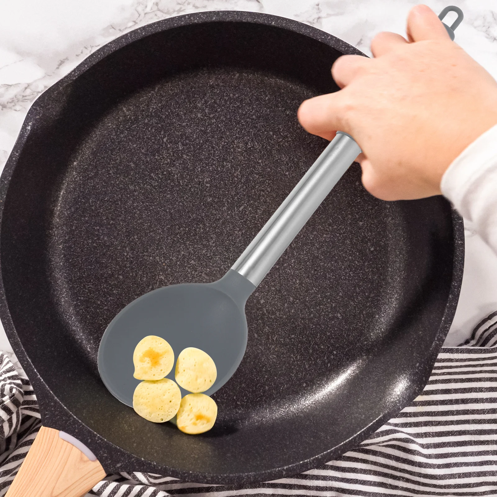 

2Pcs Silicone Kitchen Utensils Set Heat Resistant Stainless Steel Handle Slotted Spoon Serving Spoon Nonstick Cooking Spoons