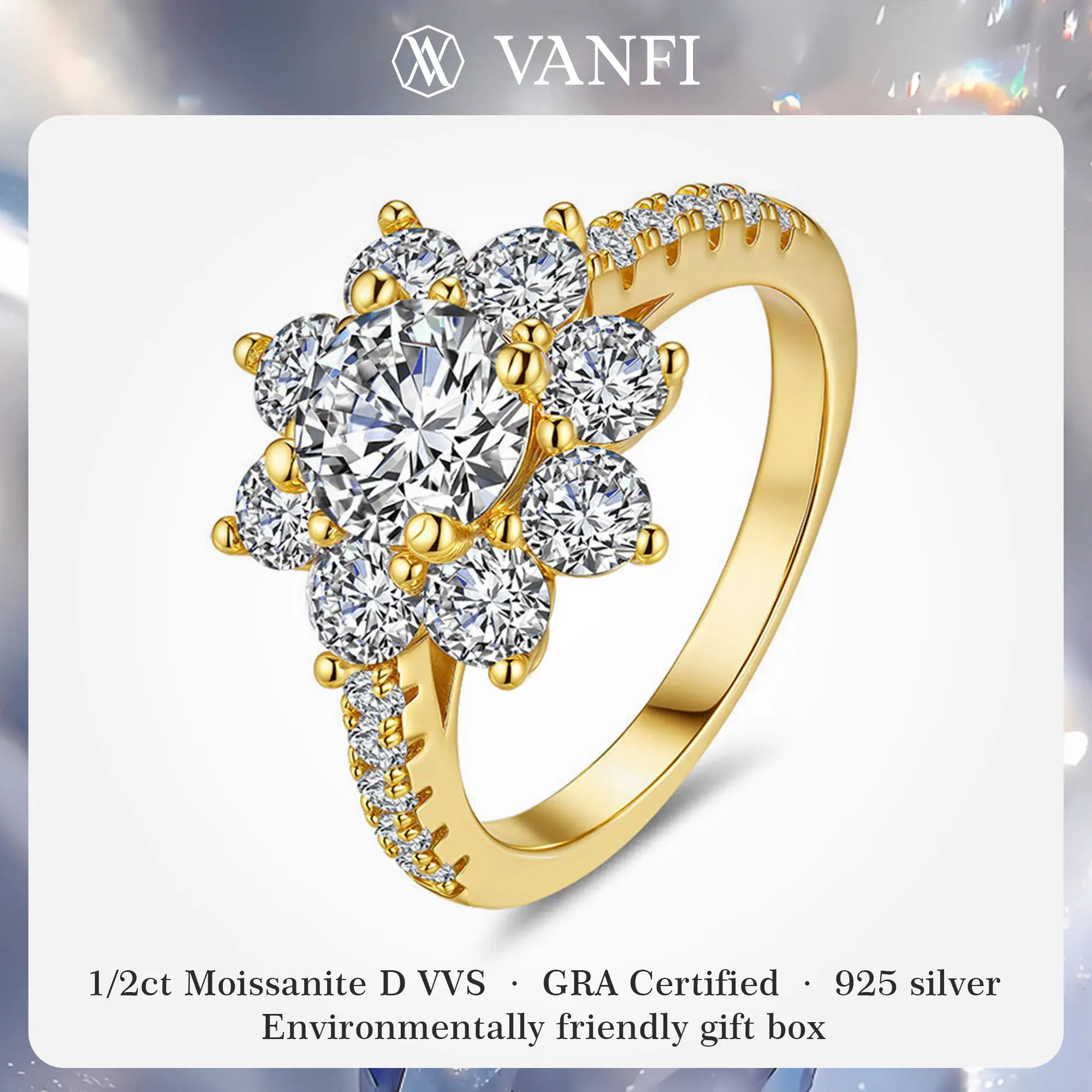 

Kfvanfi 1/2CT Moissanite Flower Women's Ring 925 Sterling Silver Non-Fading High Quality Luxury Snowflake Wedding Jewelry Gift