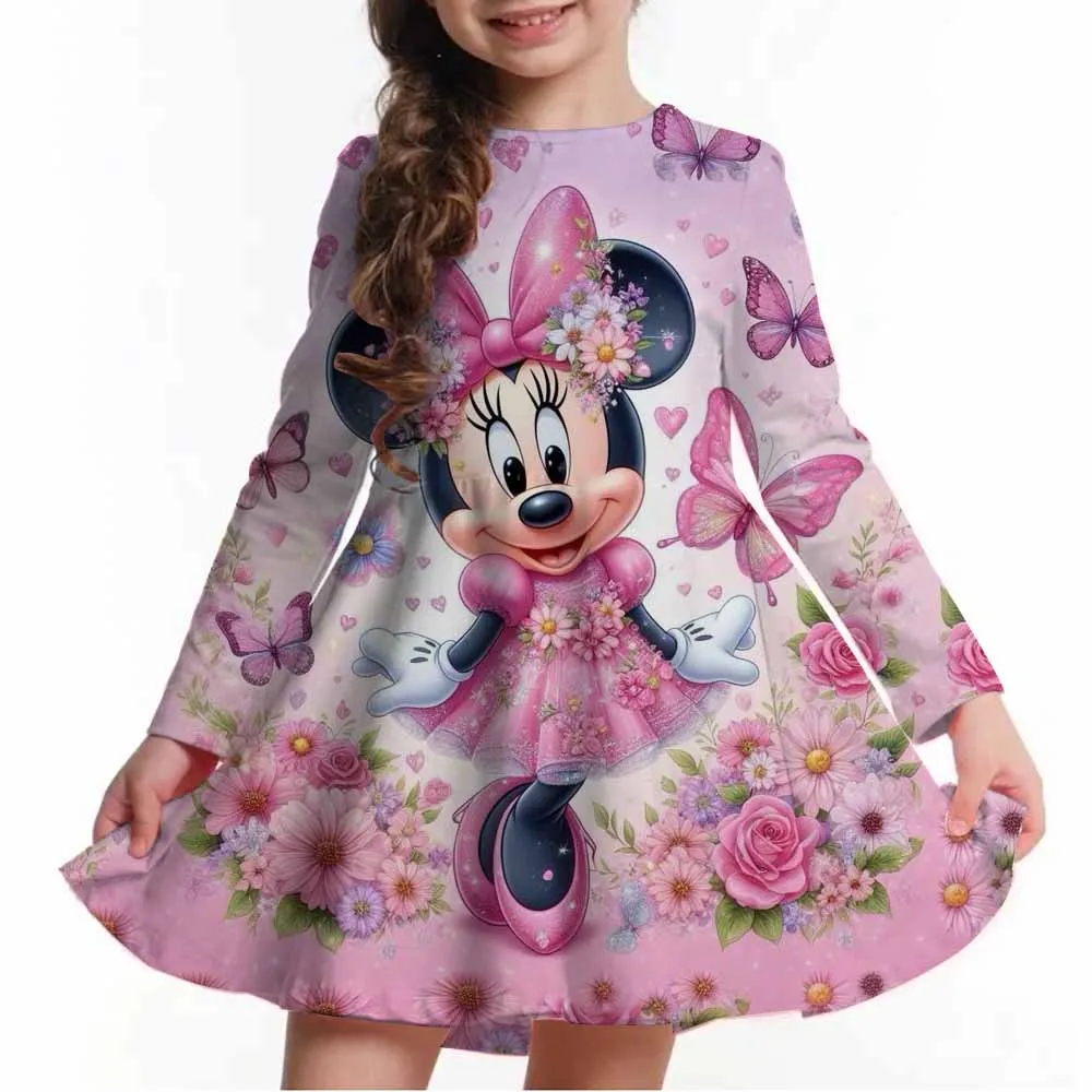 

Cute girl with colorful Disney Mickey Mouse pattern dress, full of flowers, children's long sleeved dress for girls