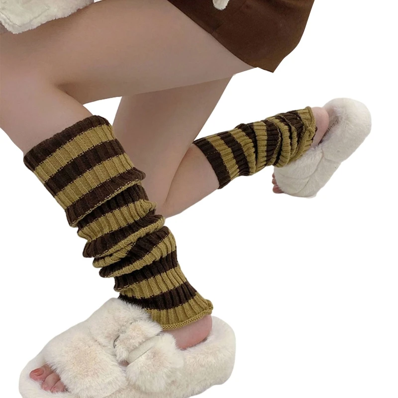 Women Chunky Ribbed Knit Leg Warmers Gothic Striped Print 90s Boot Socks