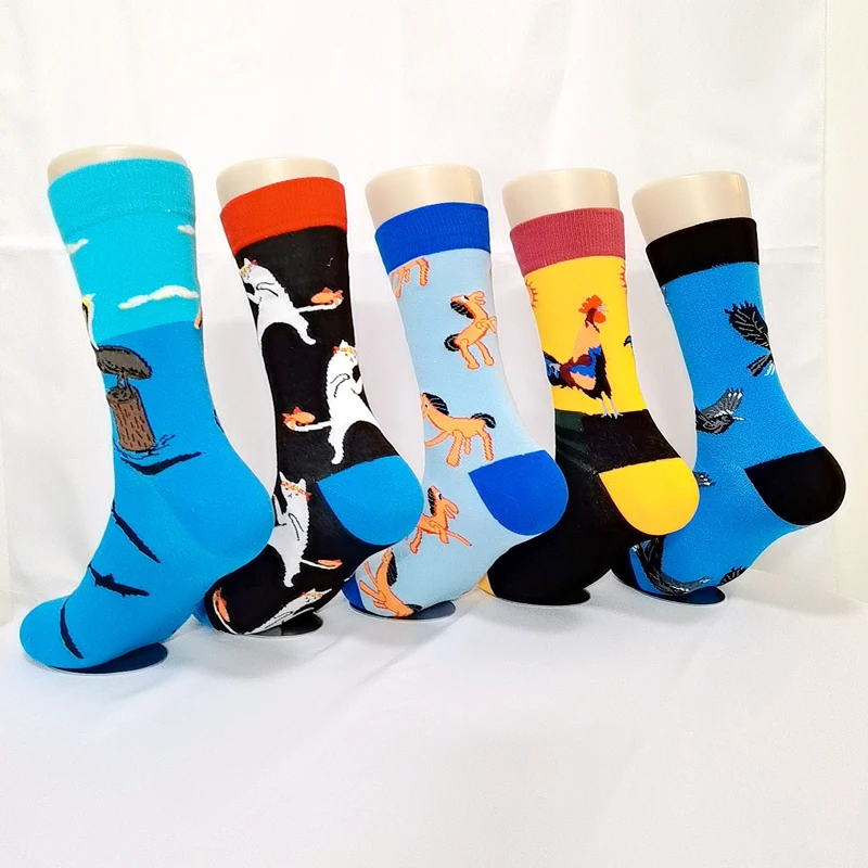 Happy Colorful Men\'s Socks Fashion Cartoon Rooster Eagle Cat Penguin   Harajuku Stockings European and American Trend Cool Sock