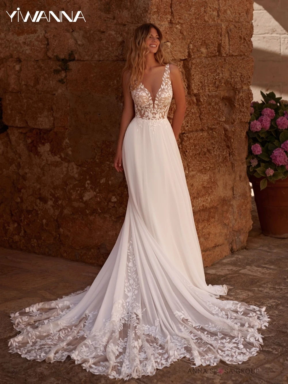 

Graceful Chiffon A-line Long Wedding Dress Exquisite Lace Appliques Bride Robe Sexy Deep V-neck Bridal Gown Robe De Mariée