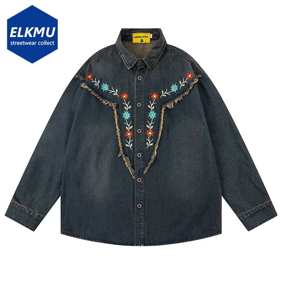 

Vintage Denim Shirts Embroidery Tassel Patchwork Oversized Long Sleeve Shirts Men Harajuku Hip Hop Shirts Button Up Blouse