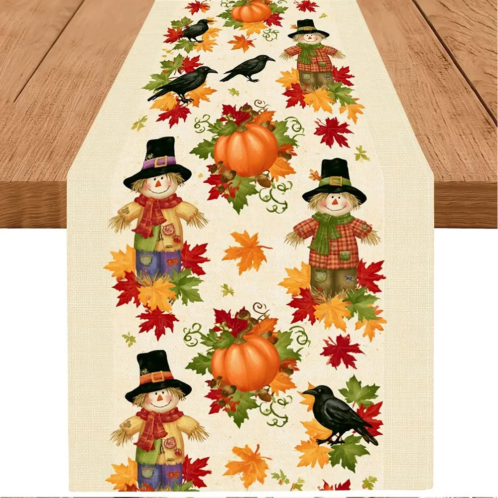 Linen Table Runner Off White with Orange Border  Pumpkin Polka Dots Playful Fall Table Setting  Kitchen Dining