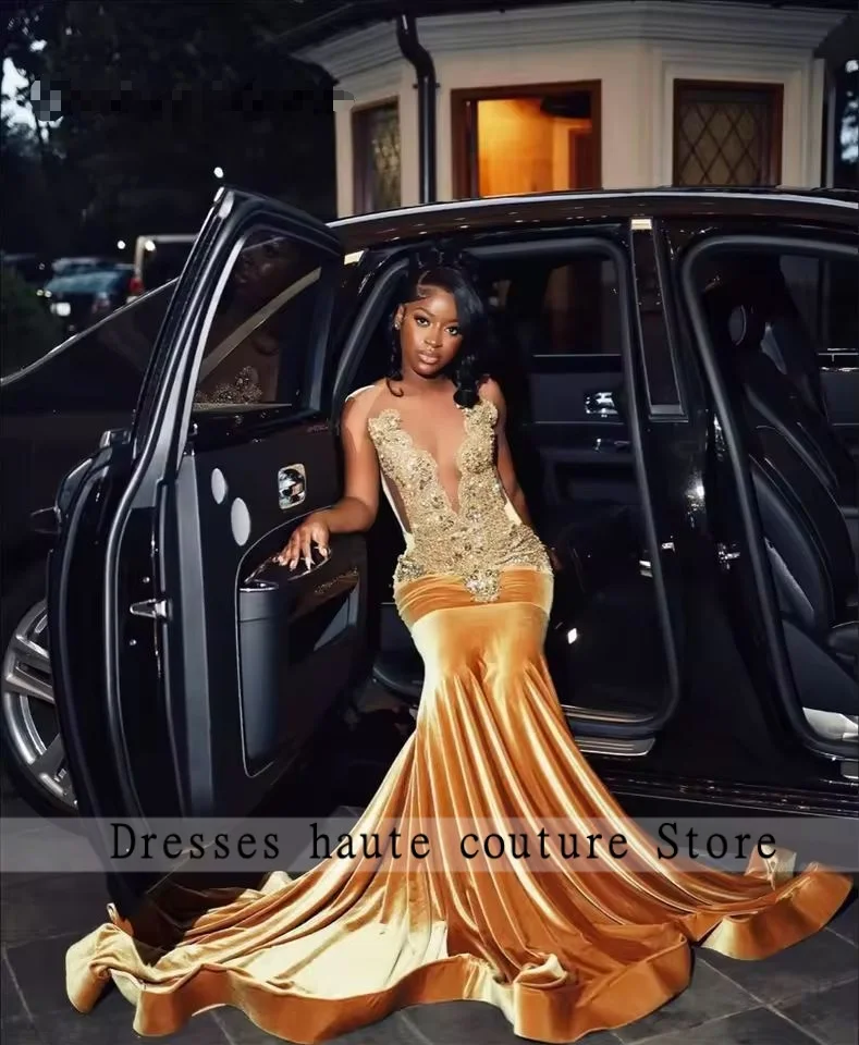 

New Arrivals Gold Crystal Rhinestones Prom Dress For Black Girl 2025 Birthday Party Dress Mermaid Evening Dress Customized