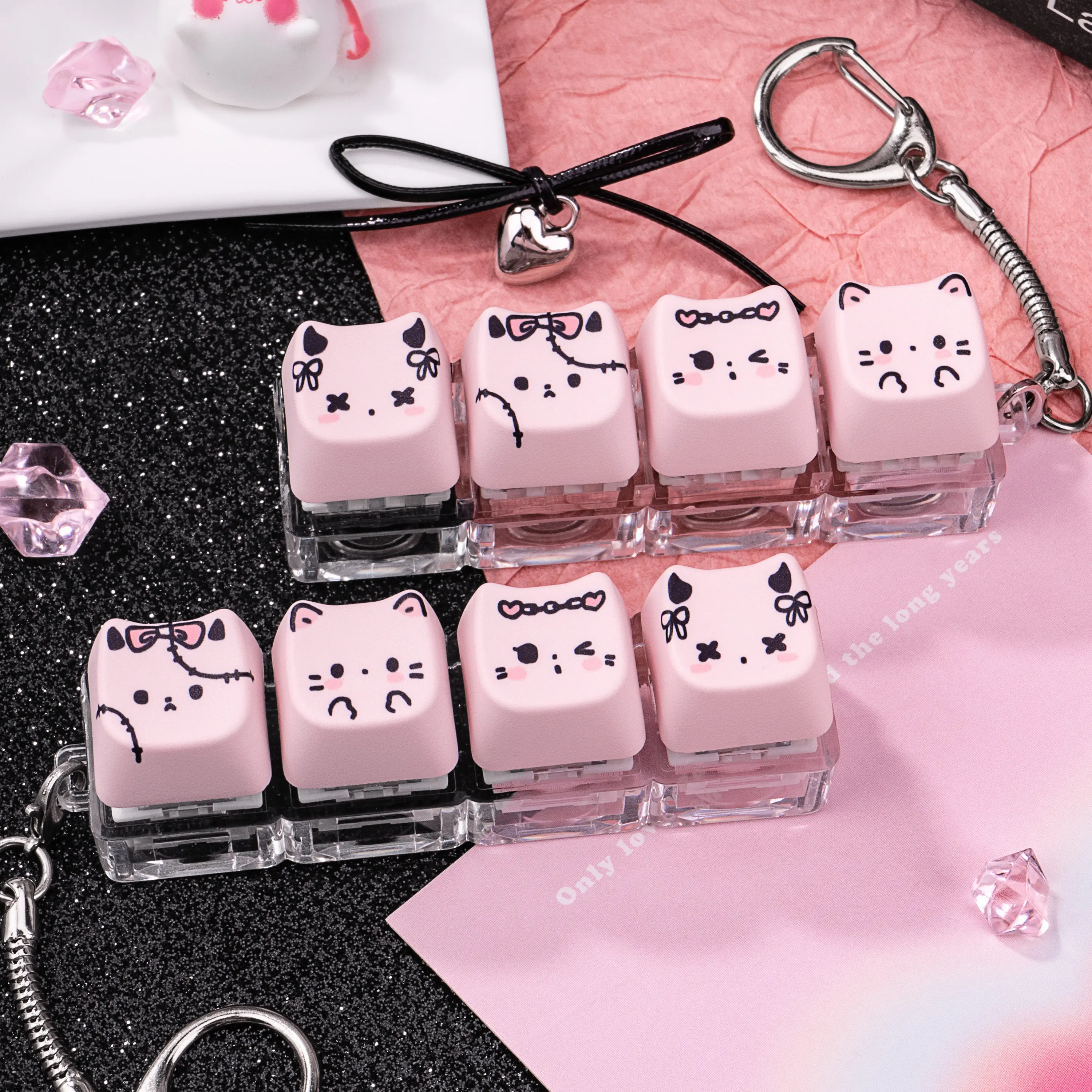 MAIMOOO Keychain Tester Fingertip Toy And Stress Reliever Cute Pink Glowing Cat Mini Keyboard Pendant (Translucent/Opaque).