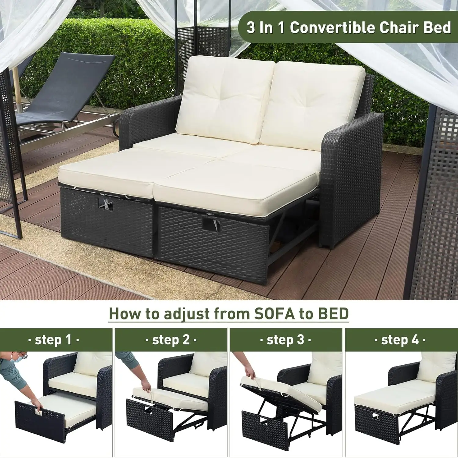 Outdoor Patio Loveseat Sofa PE Rattan Convertible Patio Furniture Sets Wicker Cushion Bed Love Seat for Indoor Balcony Backyard