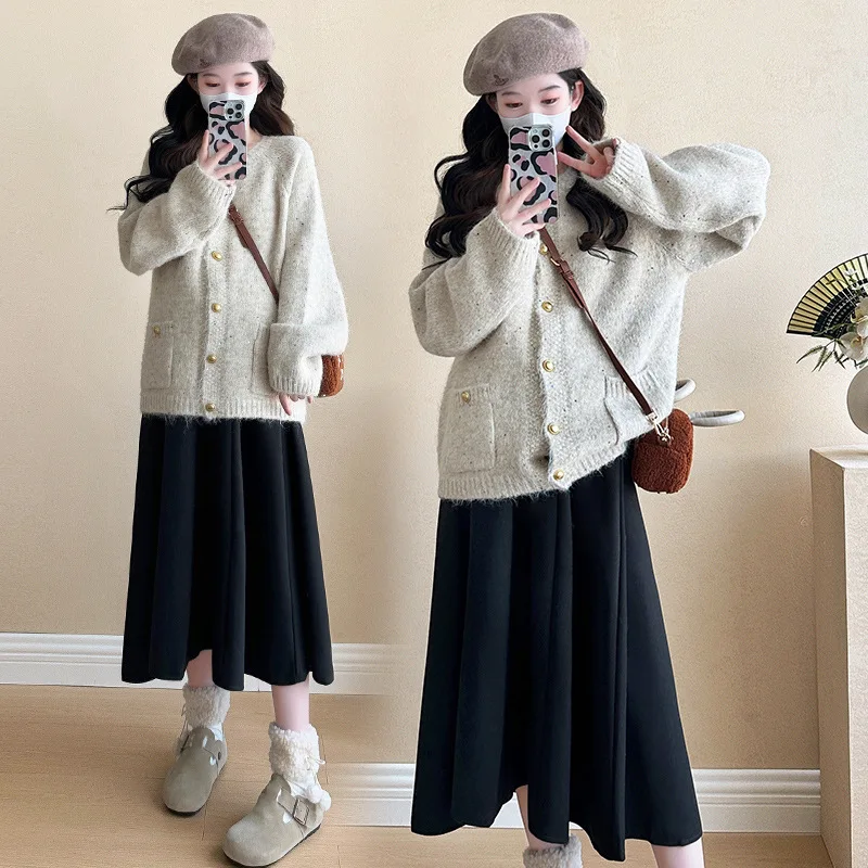 Maternity Spring Autumn Suit Fashion Loose Thickened Sweater Abdominal Support Skirt Loose Cardigan Jacket Suit Pregnant Clothes