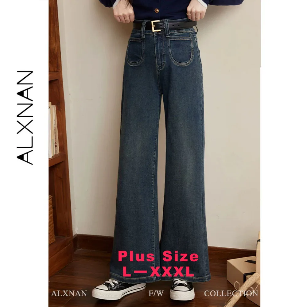 ALXNAN Plus Size Women's Jeans Vintage Basics Blue Denim Jeans Winter High Waist Straight Wide-leg Baggy Pants Female D072017