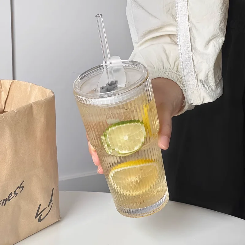 Соломенная чашка большой емкости с крышкой, чашка для кофе в вертикальную полоску, чашка для напитка, сока, ценная женская бытовая стеклянная чашка для чая с молоком 202