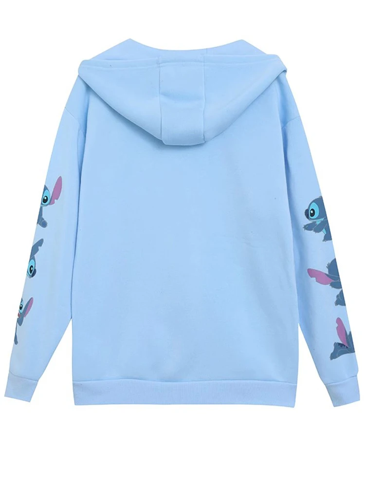 Disney Stitch Little Monster Letter Cartoon Print Sweatshirt Harajuku Women Hooded Long Sleeve Zip Jumper Fleece Tops Femme