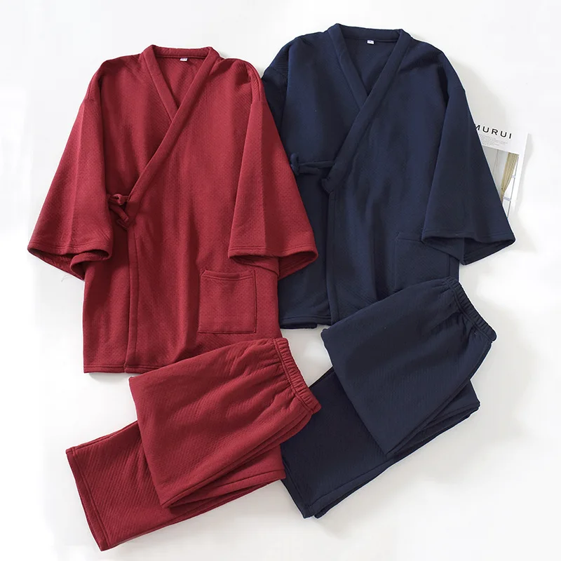 

Autumn and winter Japanese men's kimono pajamas knitted cotton air layer padded cotton plus size loungewear two-piece set