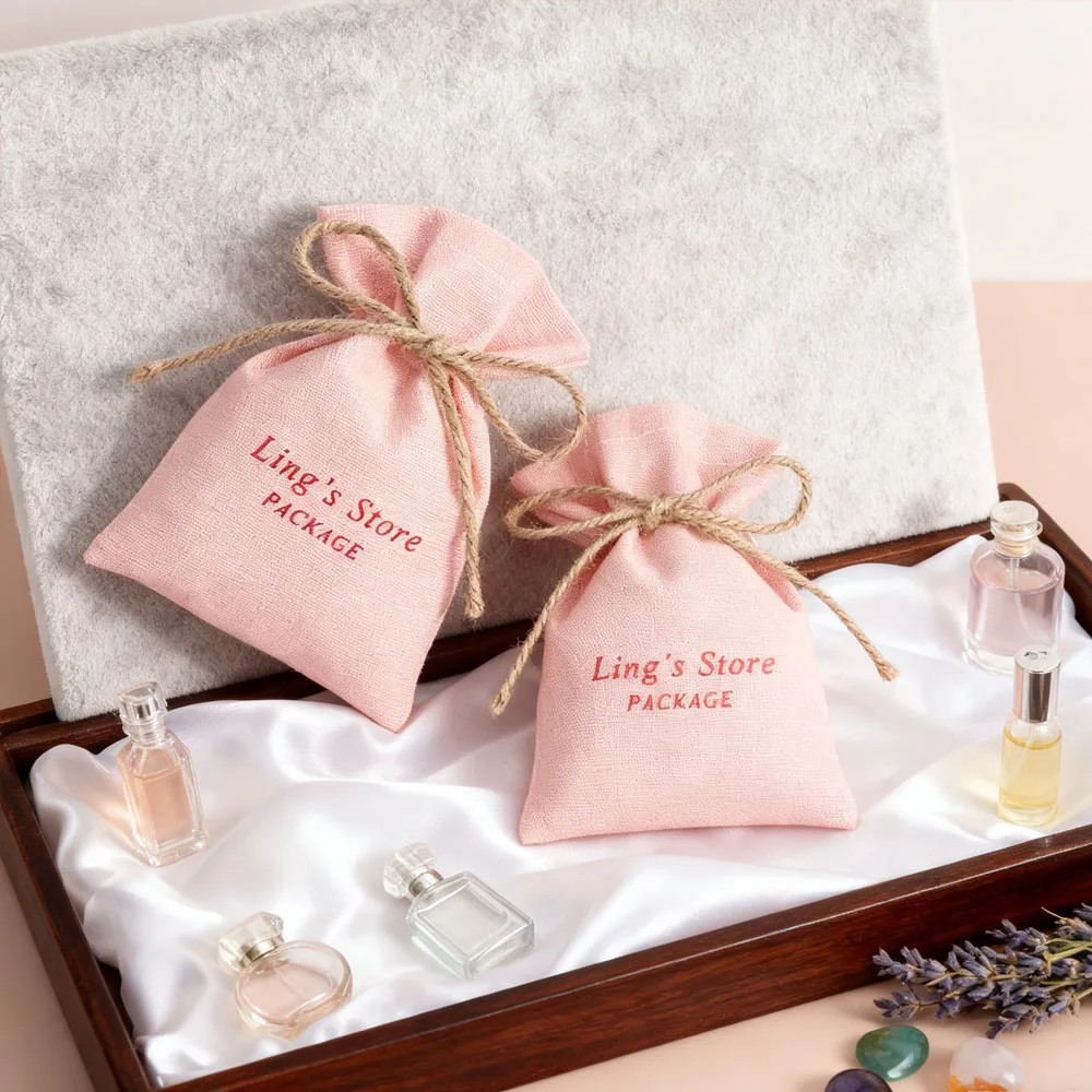 

50Pcs Pink Cotton Muslin Jewelry Packaging Storages Mini Wedding Candy Gifts Canvas Pouches with Jute Rope Can Be Personalized