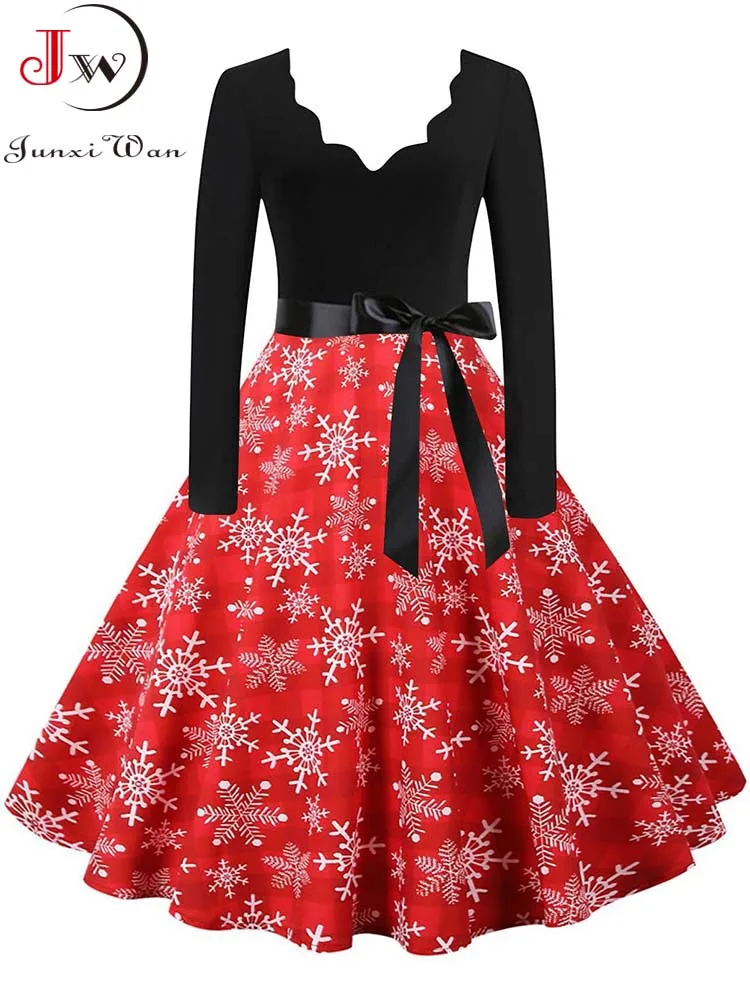 

Big Swing Print Vintage Christmas Dress Women Autumn Winter Casual Long Sleeve V Neck Sexy New Year Party Dress S~3XL