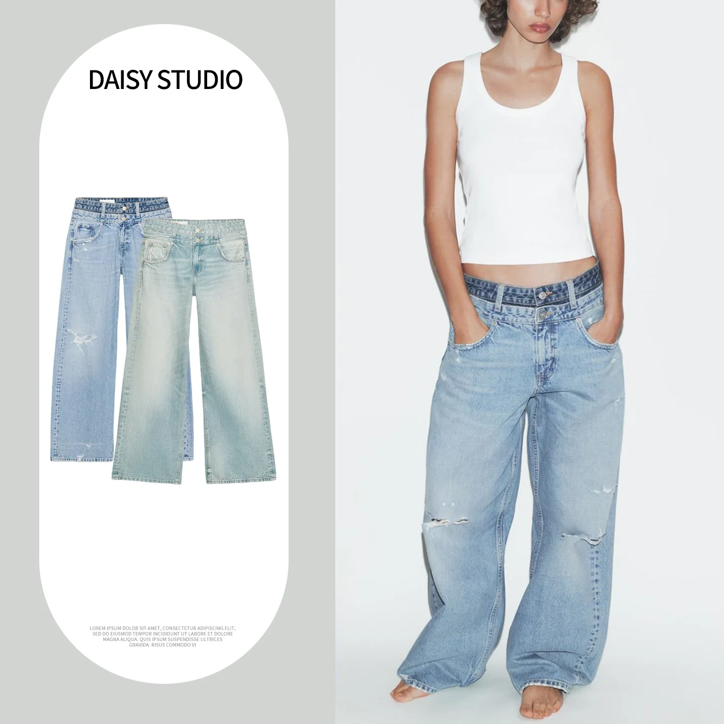 Spring Summer New Women's Casual Long Double Layer Decorative Hole Straight Leg Jeans Natural Waist Polyester Fiber Button Cl...