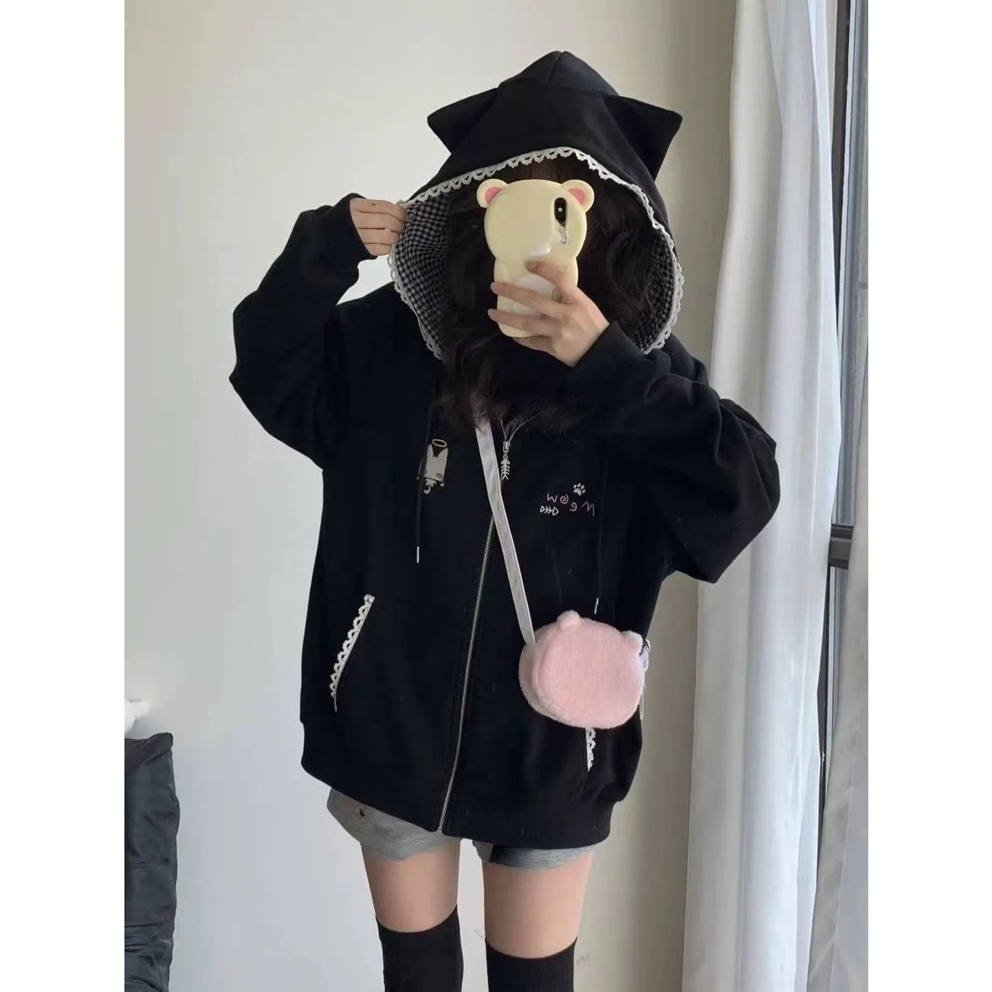 بلوزات سوداء لطيفة معطف ملابس نسائية ستاند الرقبة وسحاب Y2k بلايز موضة هوديس غير رسمية Ropa Mujer Chic