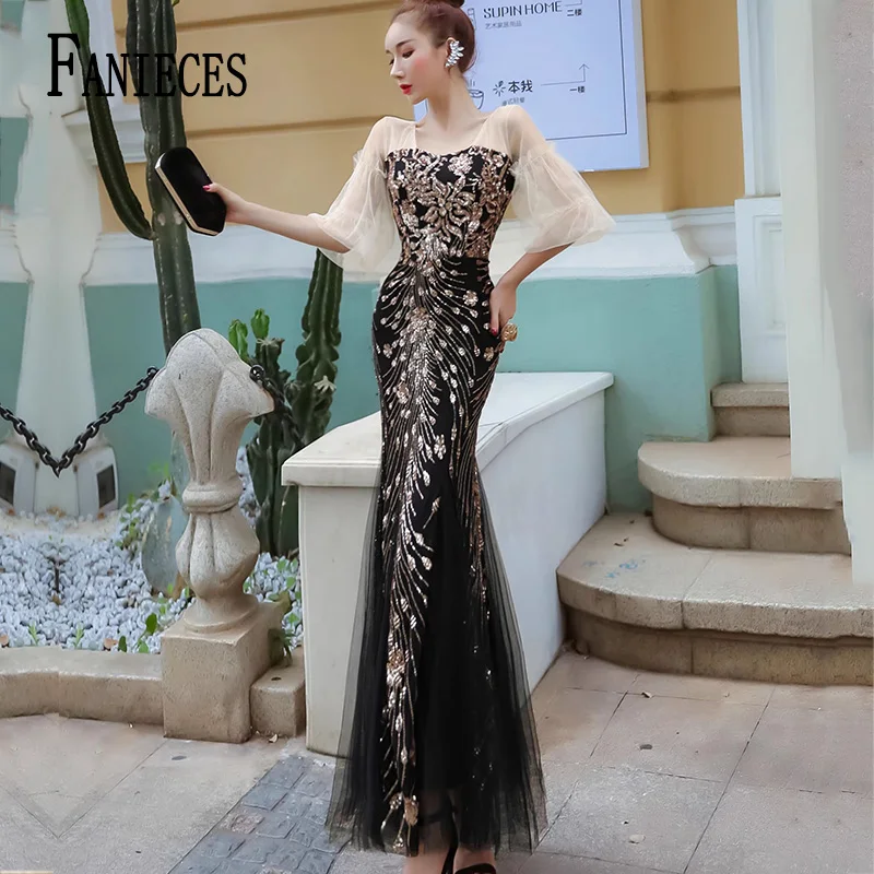 

FANIECES Elegant Maxi Wedding Party Dress For Women Champagne V-neck Sequins Sparkly Prom Dresses Luxury Bridesmaid Evening Gown