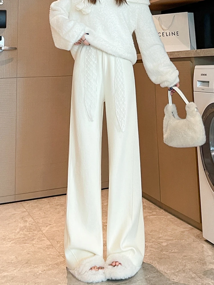 Pantalon tricoté à jambes larges pour femmes, taille haute, élastique, amincissant, décontracté, polyvalent, jambes droites, automne et hiver