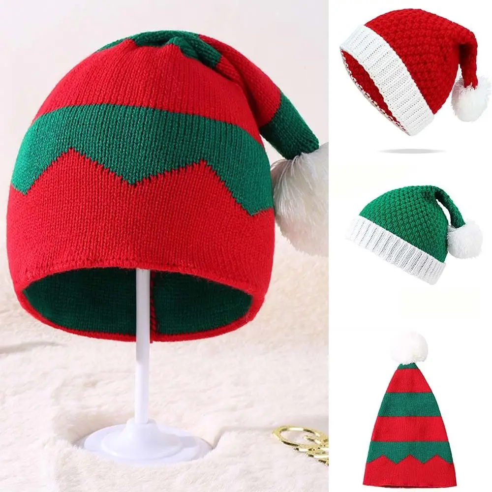 

All-match Strip Knitted Christmas Hat Cloth Accessories Knitting Plush Ball Soft Beanie Cartoon Muffler Santa Hat Women