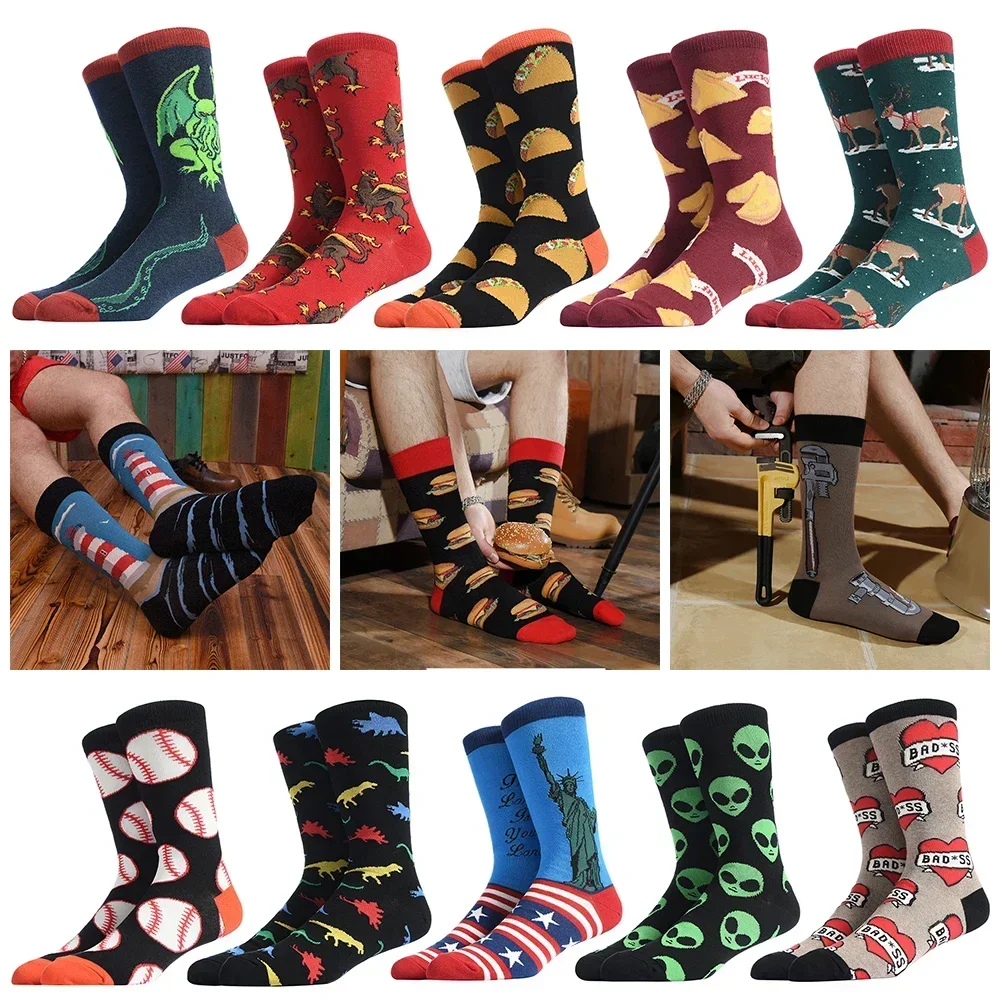 1 Pair Happy Funny Men\'s Socks High Quality Combed Cotton Long Colored Dress Socks Novelty Tube Skateboard Wedding Socks Cool