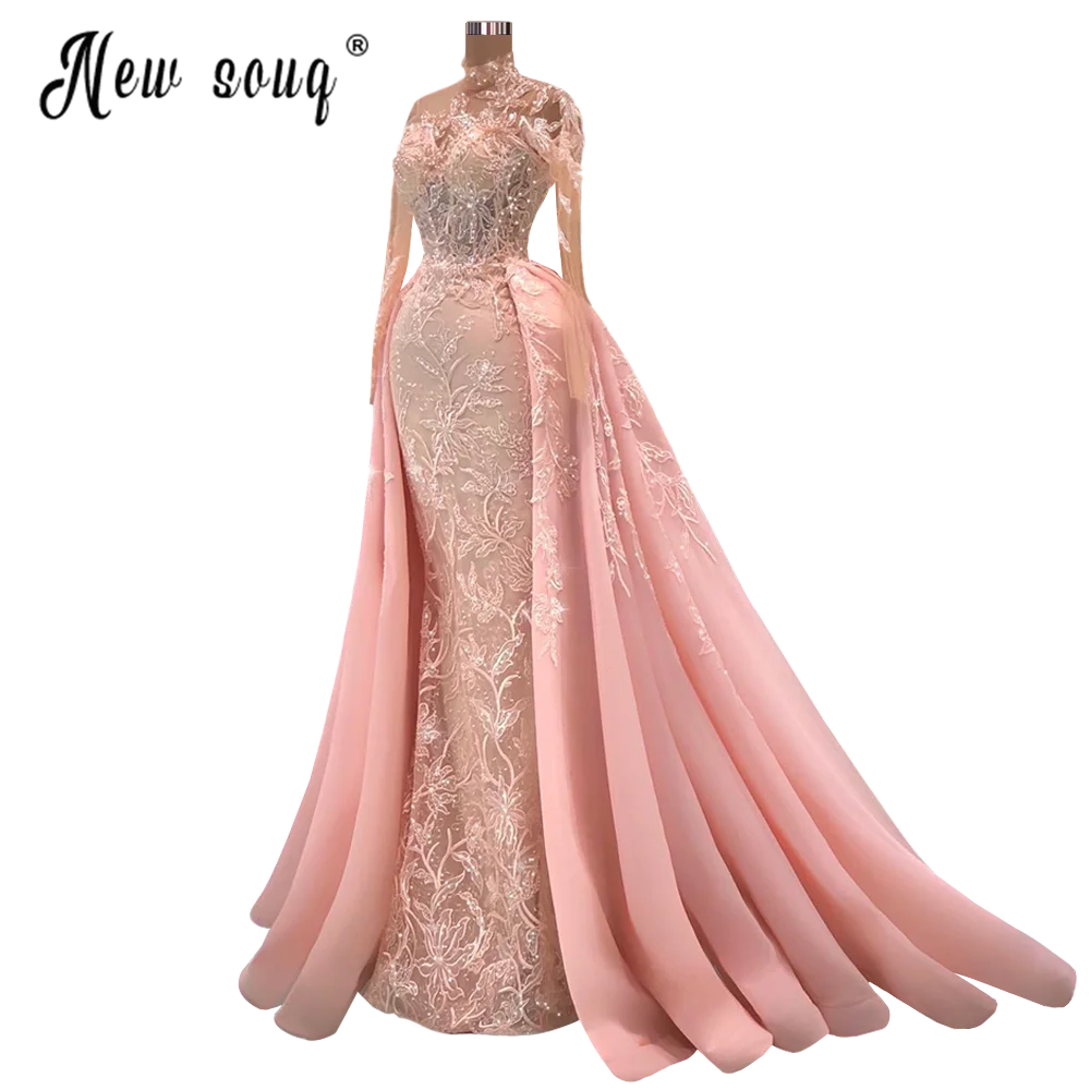 Blush Pink Lace 2025 Prom Dress Arabic Women Bride Gowns Customized Mermaid Detachable Train Evening Night Dresses De Soiree