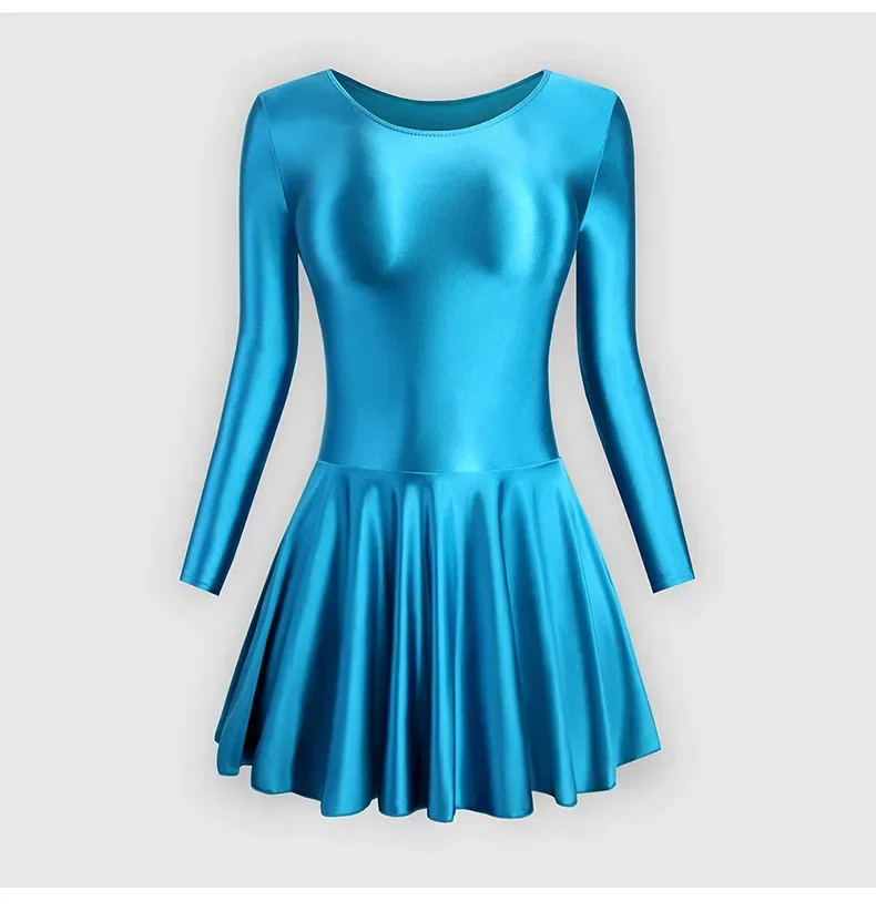 

Women Long Sleeve Tight Glossy Silk Dance Dress Yoga Solid Shaped Practice Skirt Rhythmic Gymnastics Leotard Swimsuit Dancewear