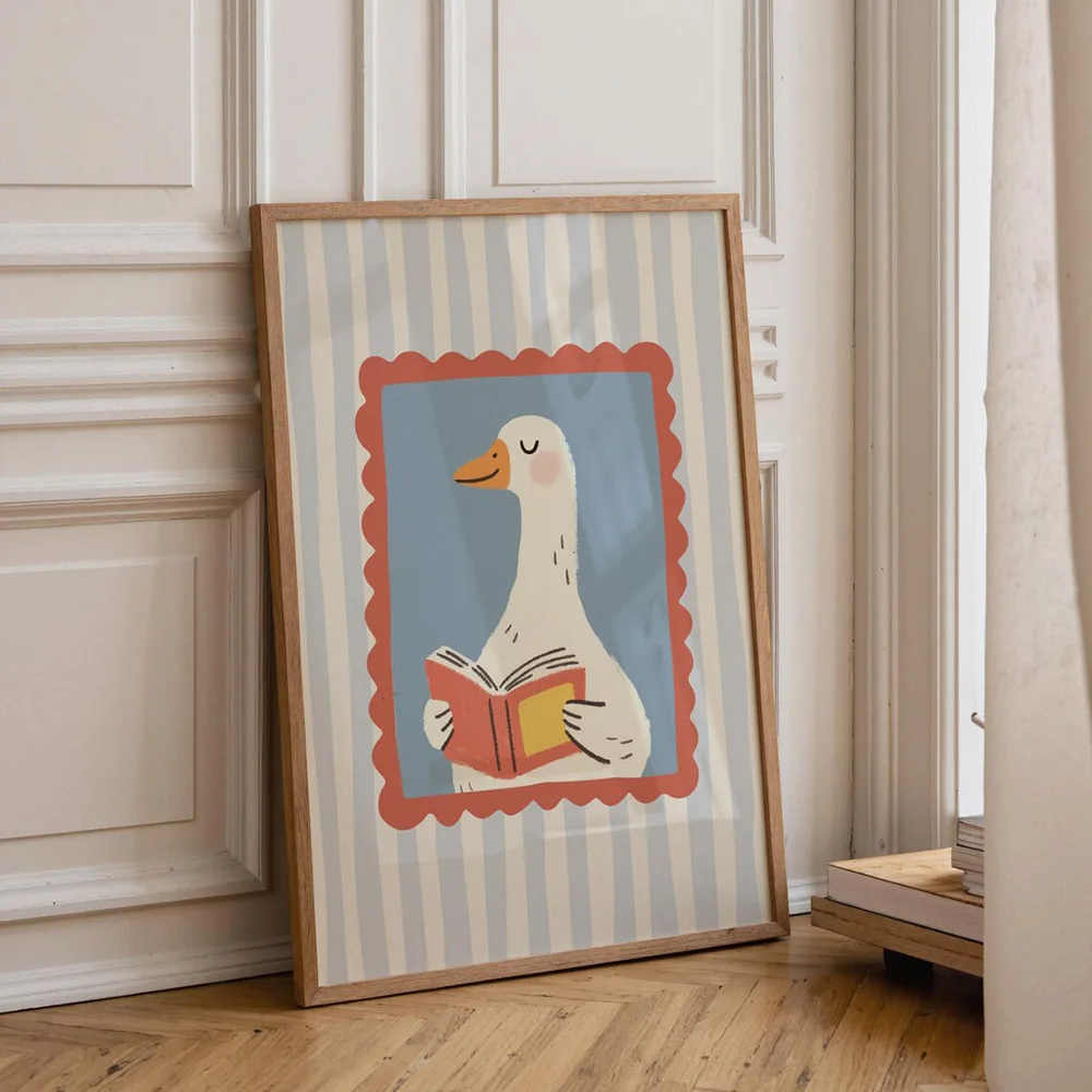 1pc Unframed Silly Goose Reading Book Nursery Canvas Poster Blue Cute Funny Animal Boho Wall Art Print Minimalist Kids Room HD