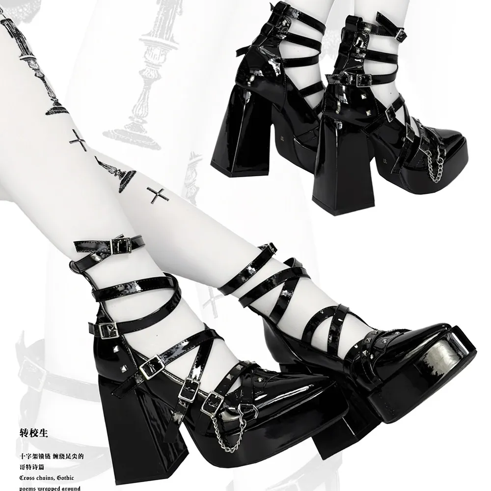 

Туфли-мэри-джейн на массивном каблуке и платформе в готическом стиле, с пряжкой и цепочкой, в стиле панк-лолита, для женщин