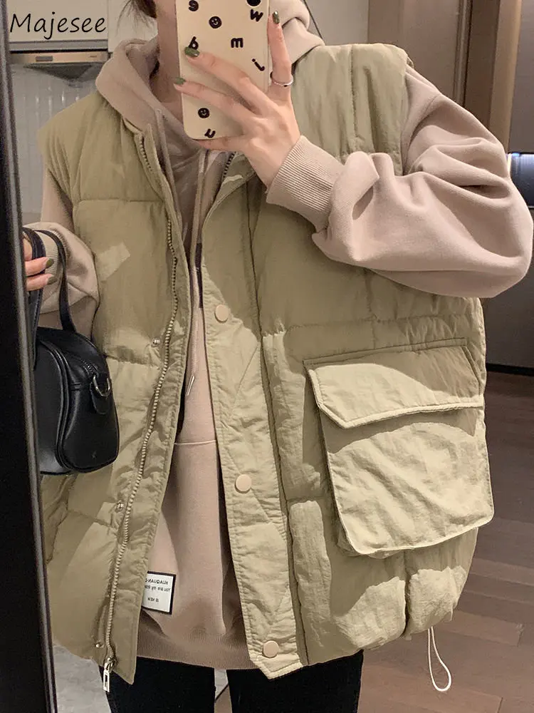 

Жилеты-карго женские винтажные простые повседневные модные уличные свободные пальто осенние студенческие стильные сафари шикарные универсальные карманы молодые